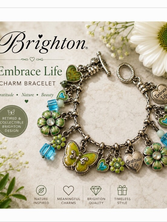 Brighton Jewelry - Retired Brighton Embrace Life Gratitude Butterfly Charm Bracelet Floral Hearts